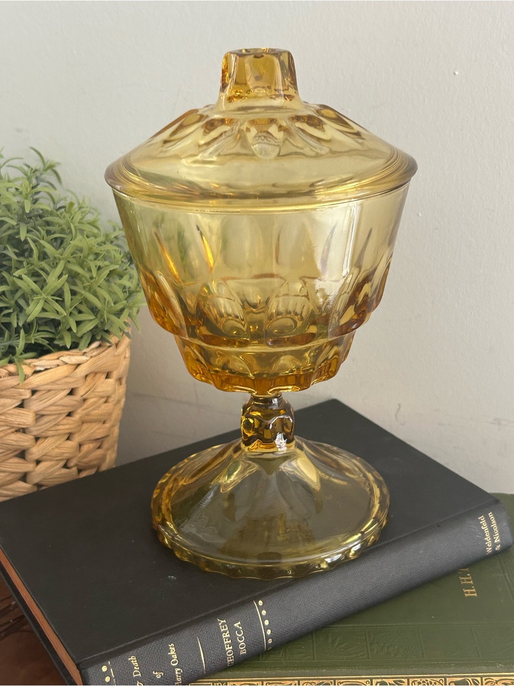 Vintage Hazel Atlas Yellow/Amber Glass Thumbprint Candy Dish Compote Lid MCM